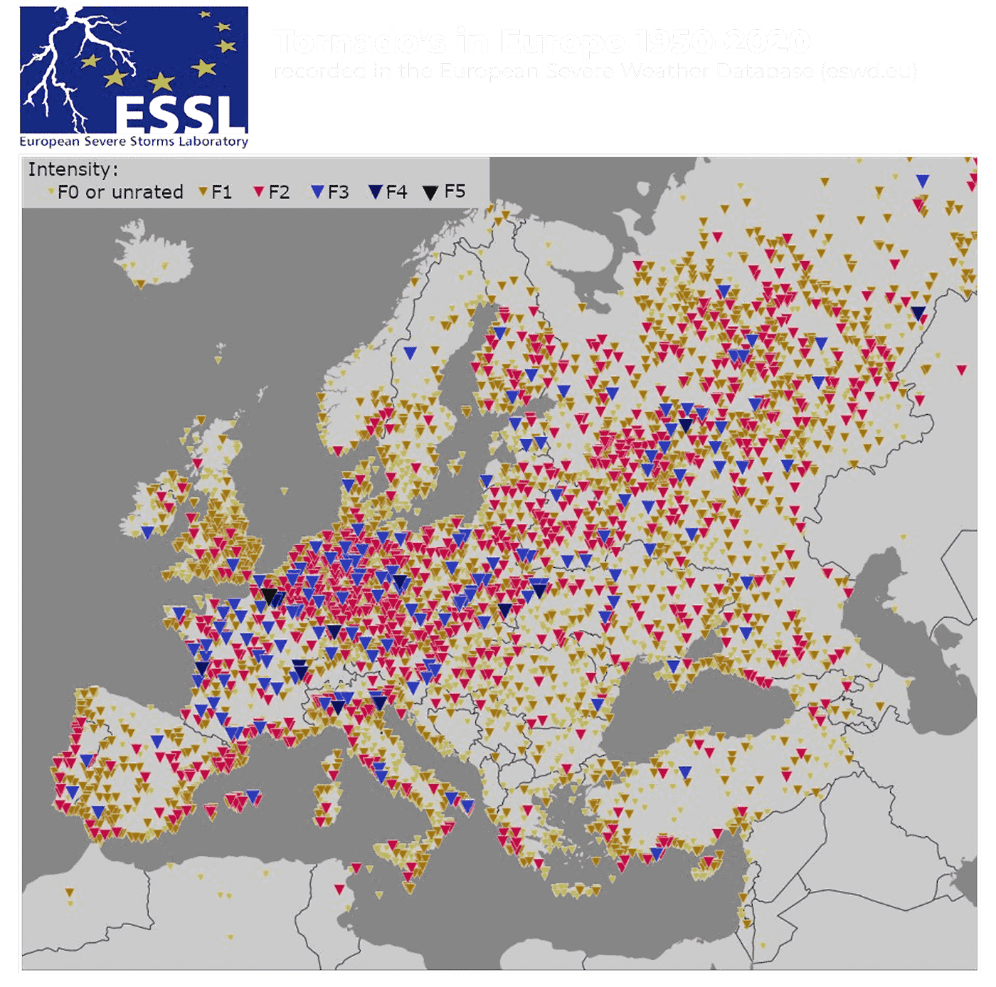Kaart van Europa met tornado's